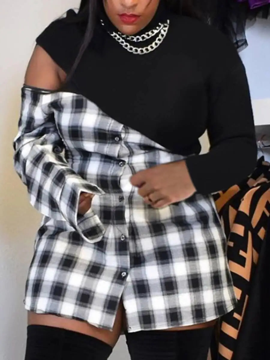 LW Plus Size Plaid Print Hollow-out Dress Women