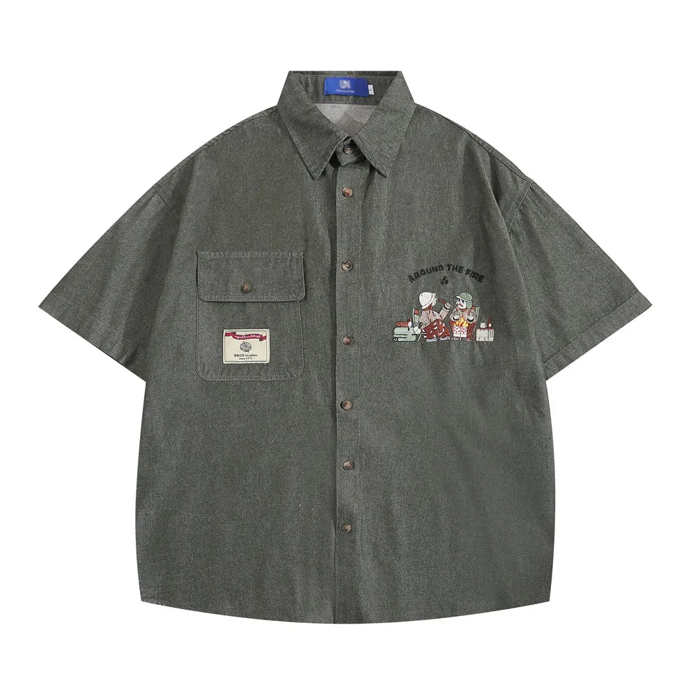 Embroidery Cargo Short Sleeve Shirts Mens Summer Vintage