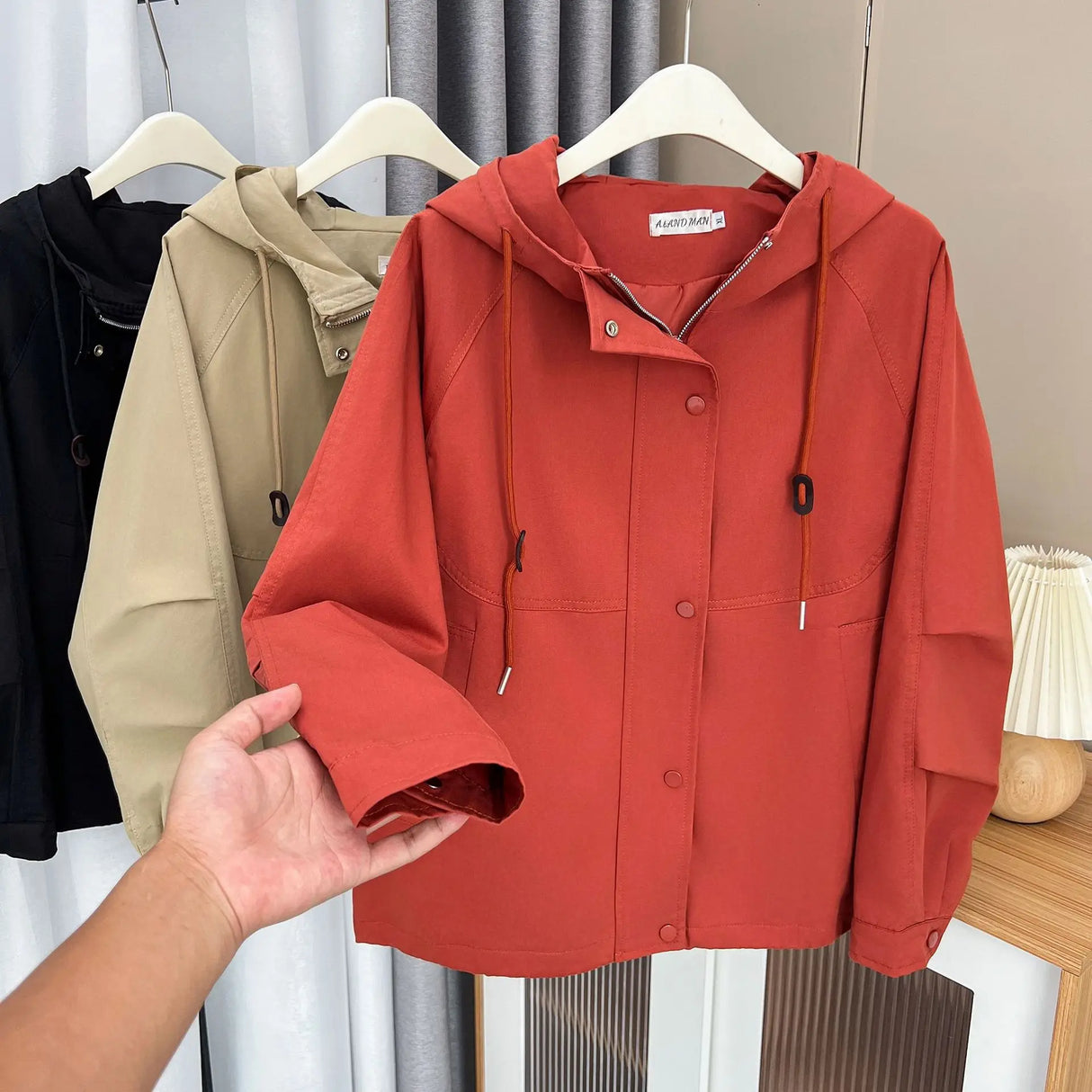 Washed Cotton Solid Color Zipper Hooded Jacket Womens