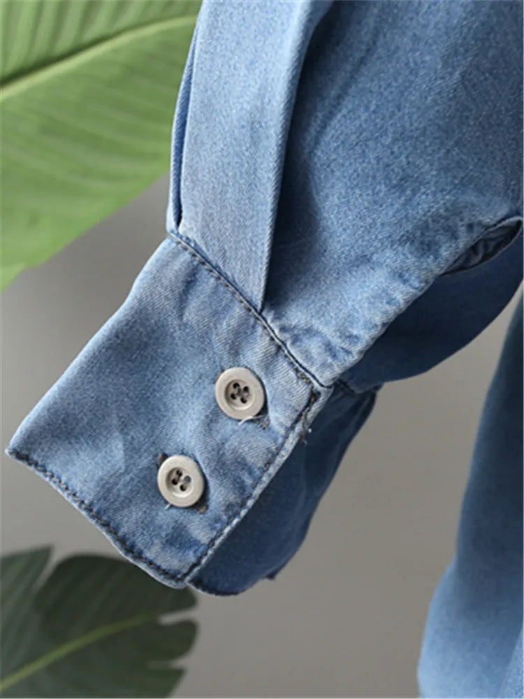 Plus Size Women's Clothing Blouses&Shirt Spring And Autumn Denim Shirt Long-Sleeved Lapel Shirt Thin Soft Basic Shirts Oversize