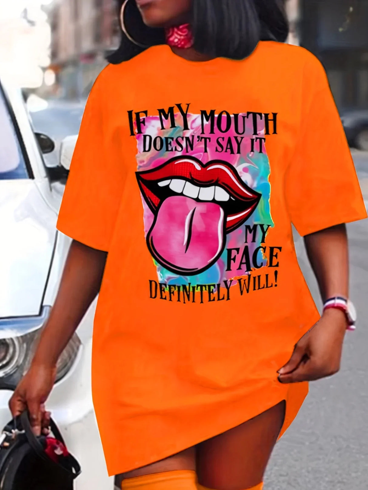 Plus Size Lips Print Mini Tee Dress, Short