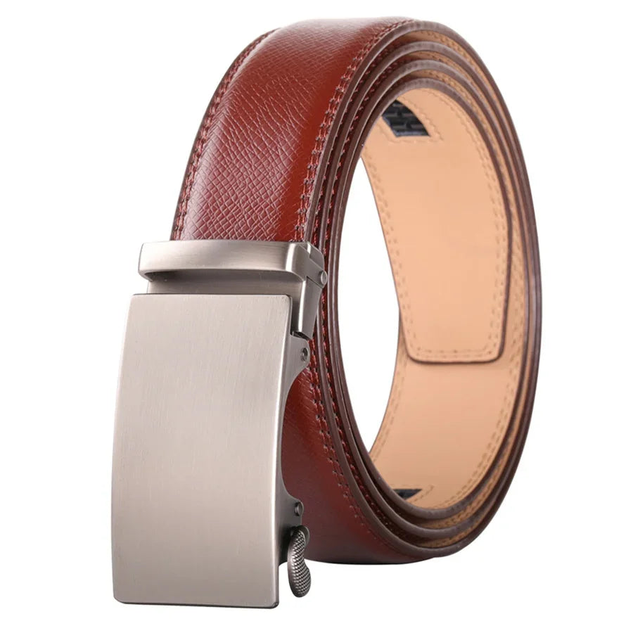 Plyesxale Brown Leather Belt Men 2024 Automatic Buckle