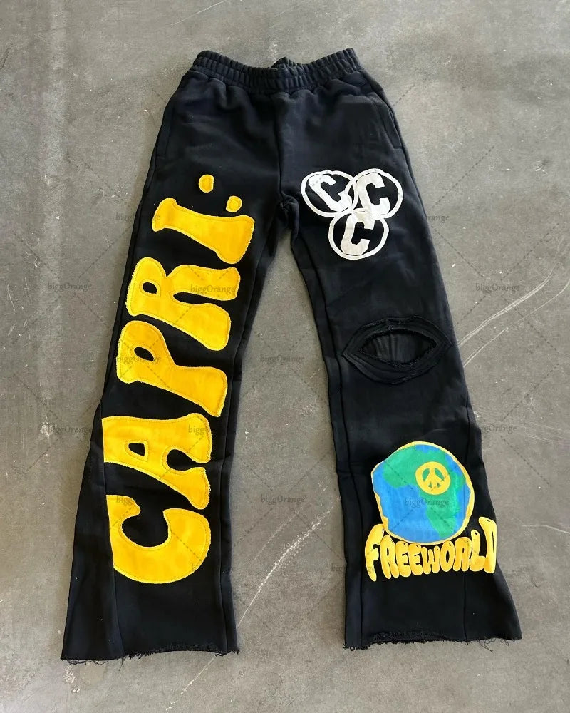 American Street Hip-hop Embroidered Wide-leg Pants Men High