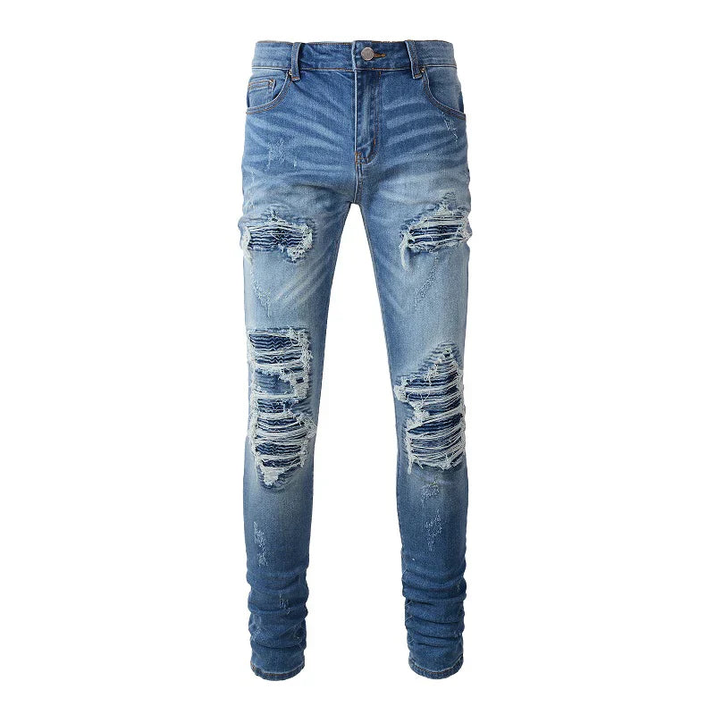 Men Stretch Denim Biker Jeans Classic Blue Pleated