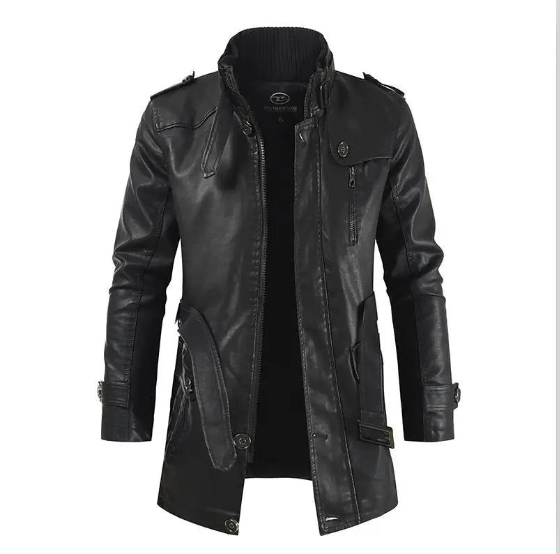 Winter Men's Thick Fleece Leather Jacket Coat Long