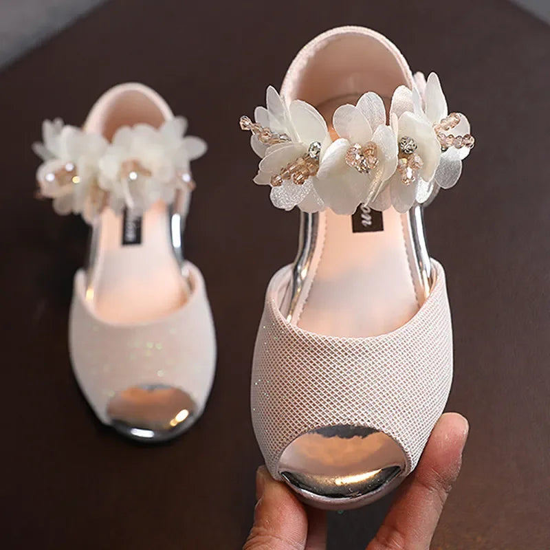 Girls Rhinestone Flower Shoes Low Heel Flower Wedding