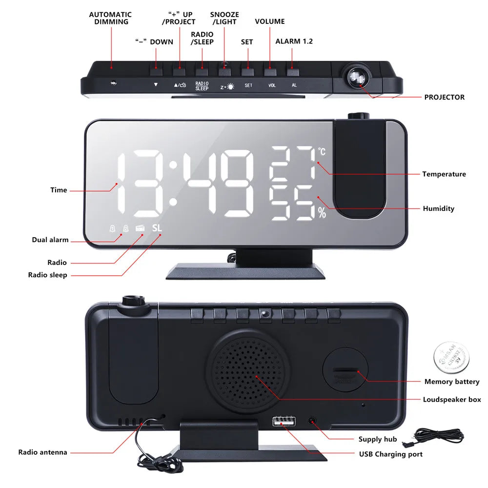 FM Radio Digital Alarm Clock Temp Humidity with 180° Time Projector Electronic Table Clock 12/24H Snooze Projection LED Clock