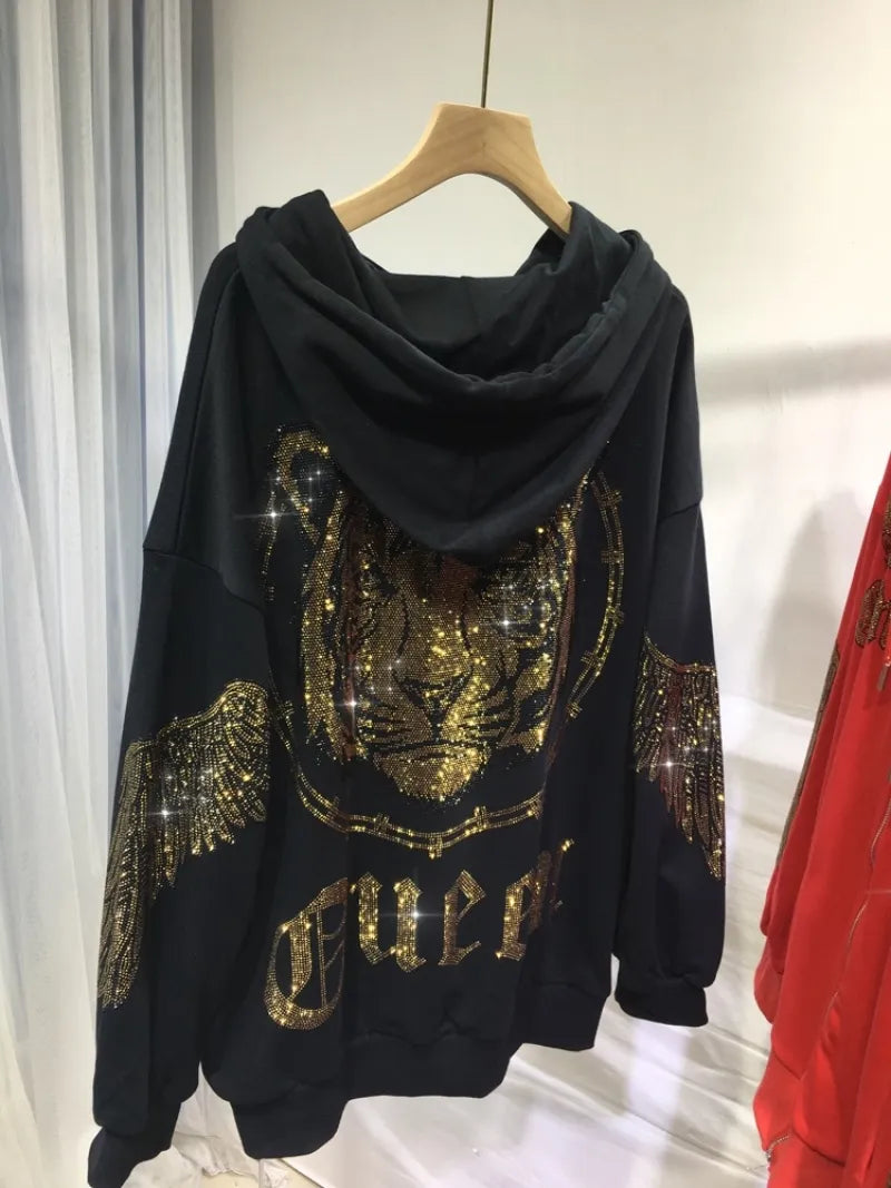 Plus Size Women Clothing Rhinestones Zip Up Hoodies