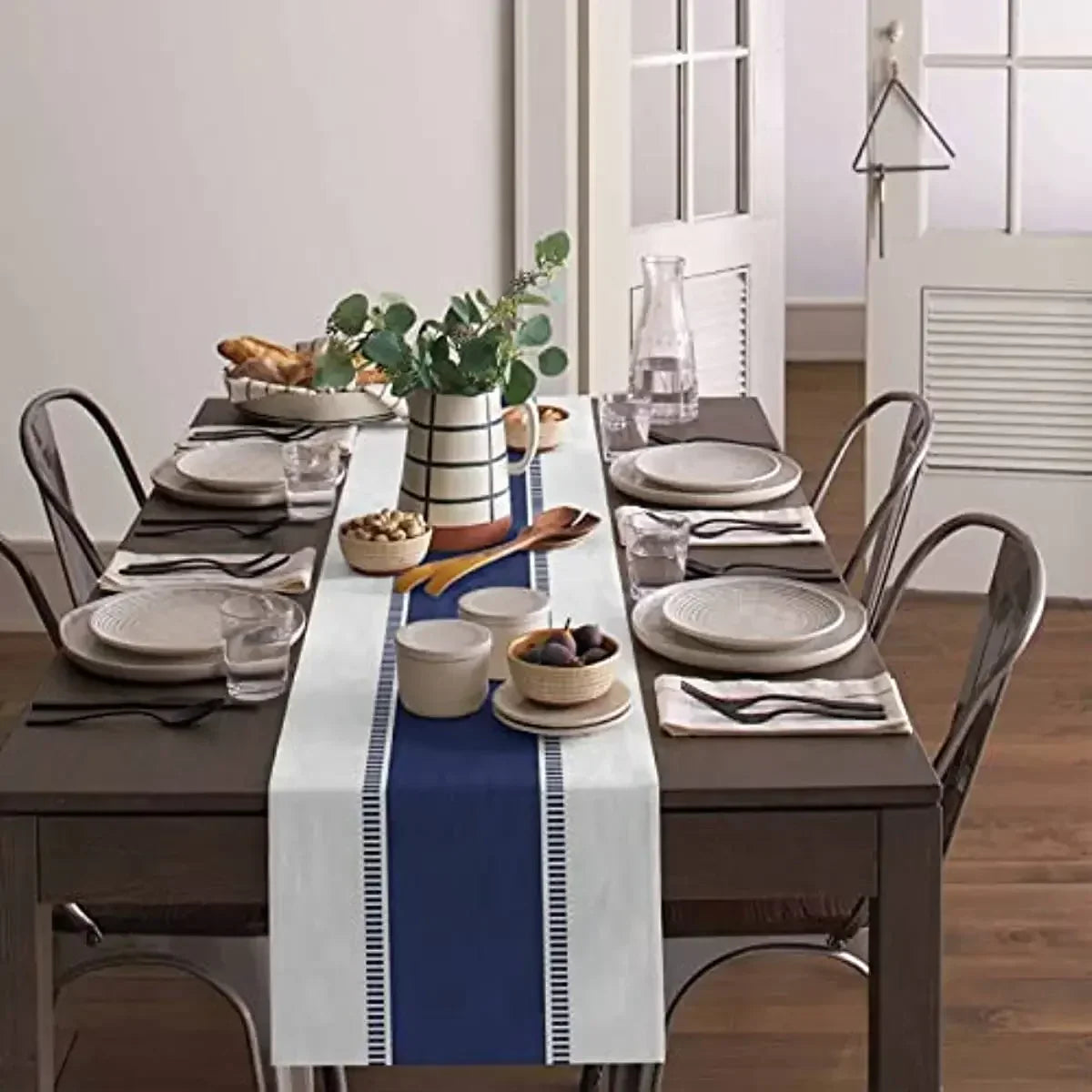 Navy Blue Stripes Linen Table Runners Dresser Scarves