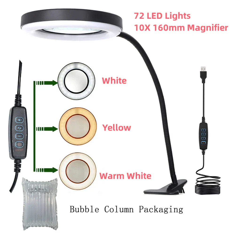 72LED 10X NEW Illuminated Magnifier USB 3 Colors