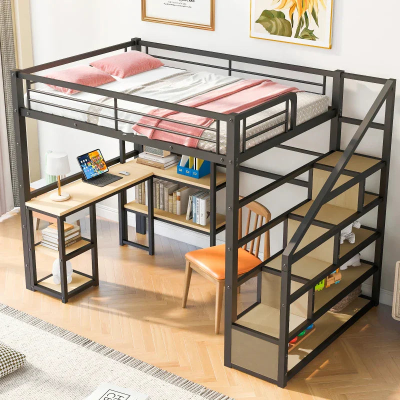 Full Size Metal Loft bed with Staircase, Built-in Desk and Shelves,Bedroom practical single bed for children, bunk bed for teen