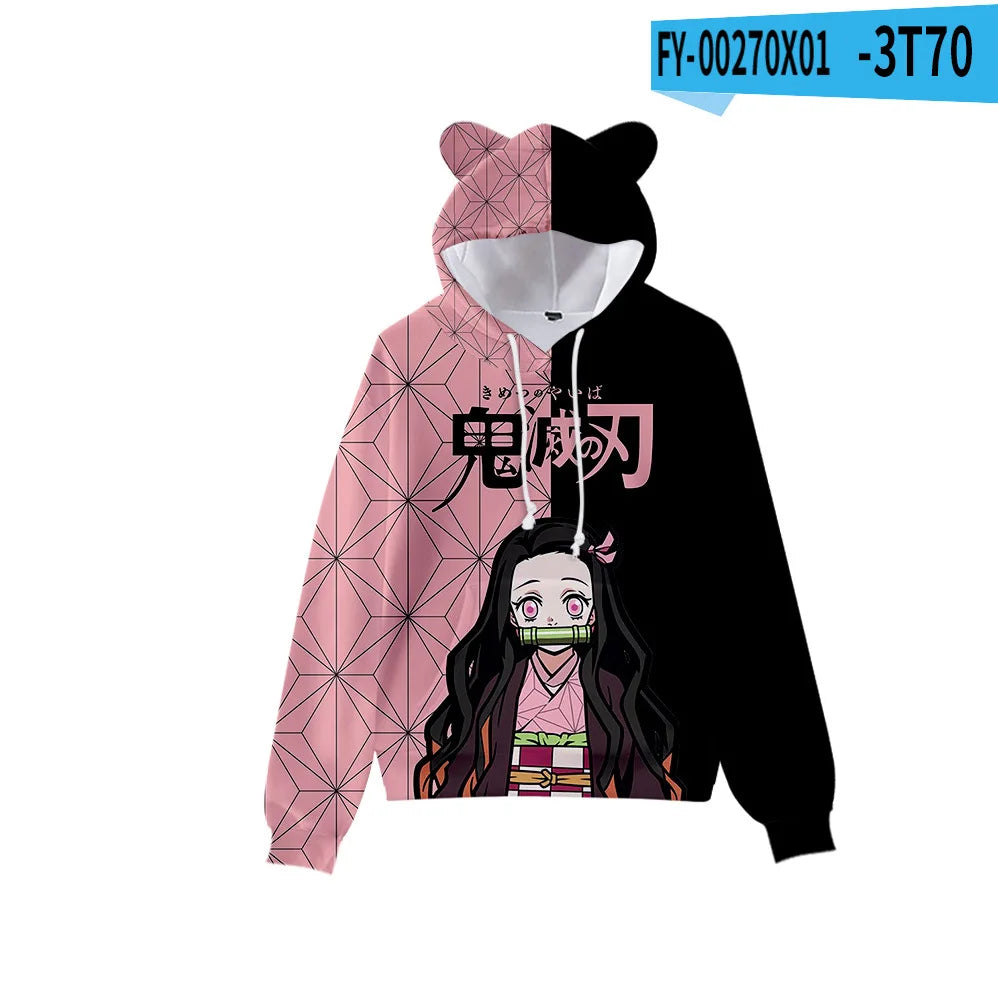 Anime Demon Slayer Hoodies Women Cat Ears Cartoon