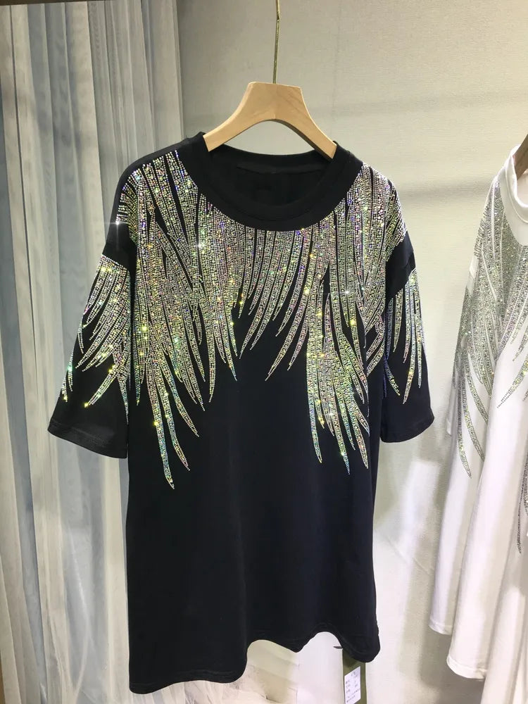 L4XL Plus Size Tops Rhinestone Graphic Tshirts Luxury