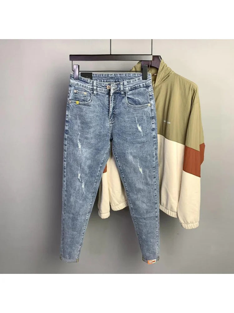 Fashion Designer Men Jeans Retro Stretch Slim Fit