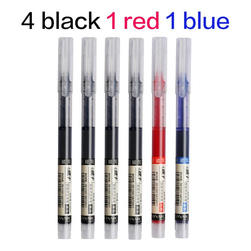 6Pcs/Set Quick-Drying 0.5mm Roller Pen High Capacity Black/Red/Blue