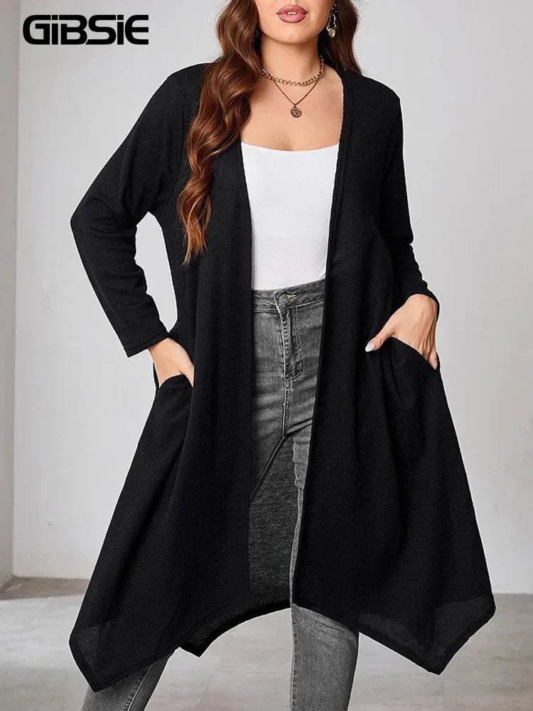 GIBSIE Plus Size Black Casual Long Cardigan Women