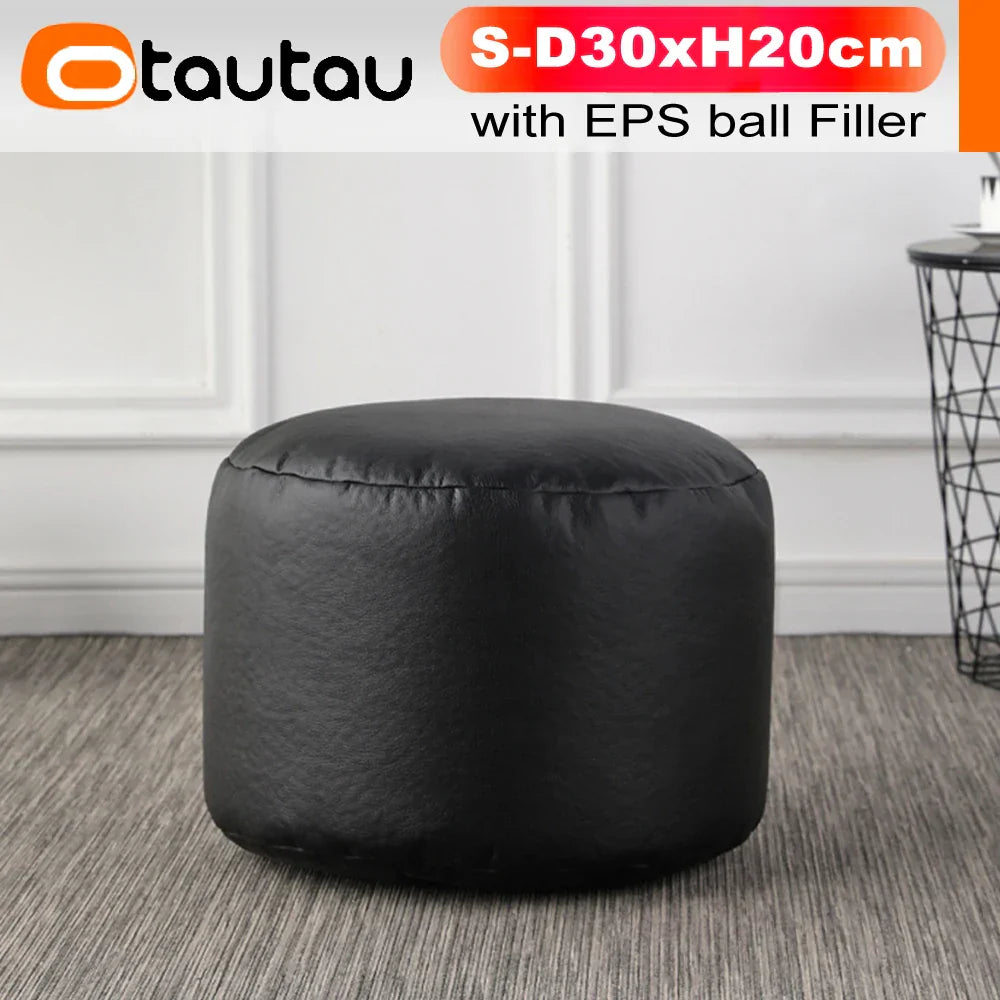 OTAUTAU Small Round Faux Leather Ottoman Stool Beanbag