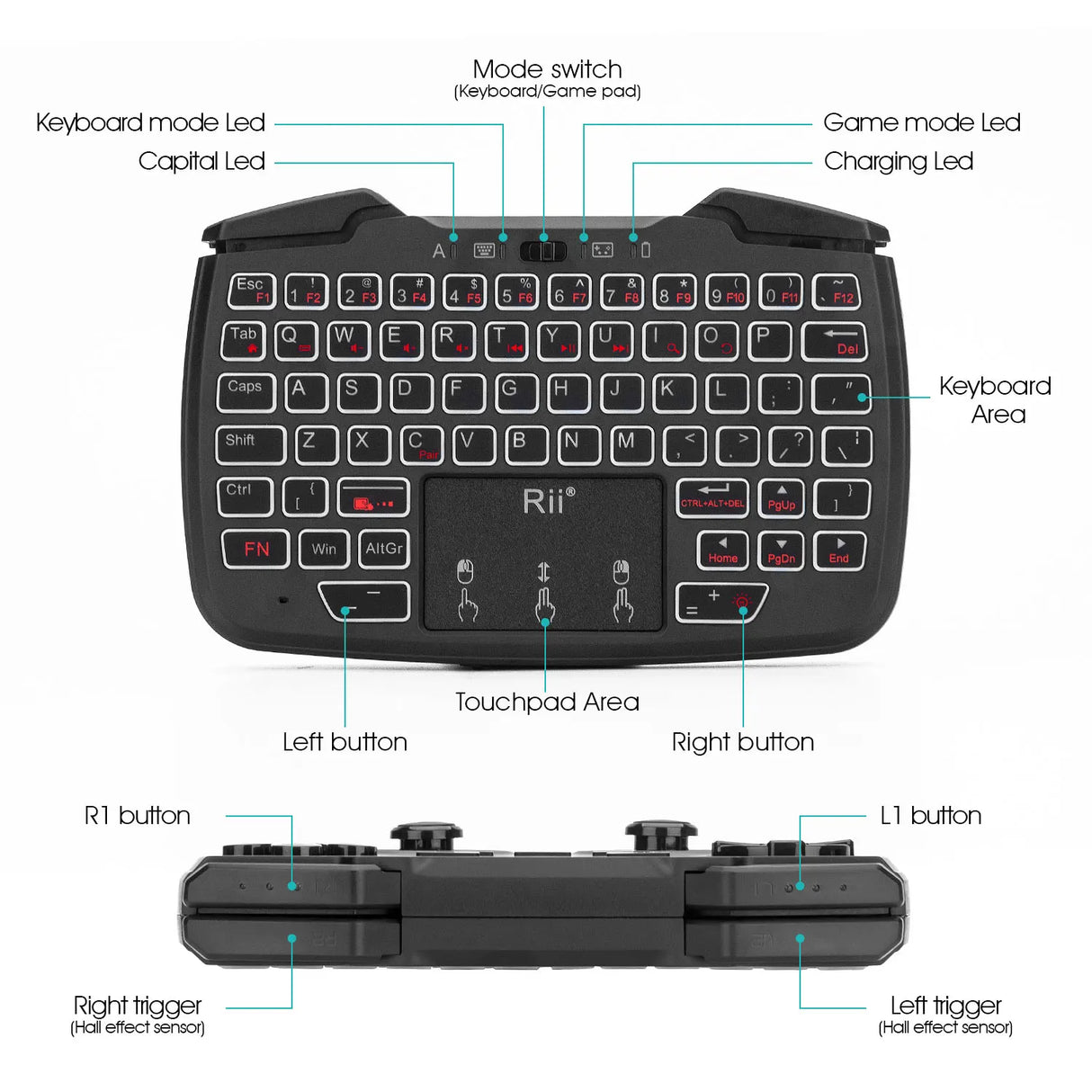 Rii RK707 2.4GHz Wireless Portable Game Controller Keyboard