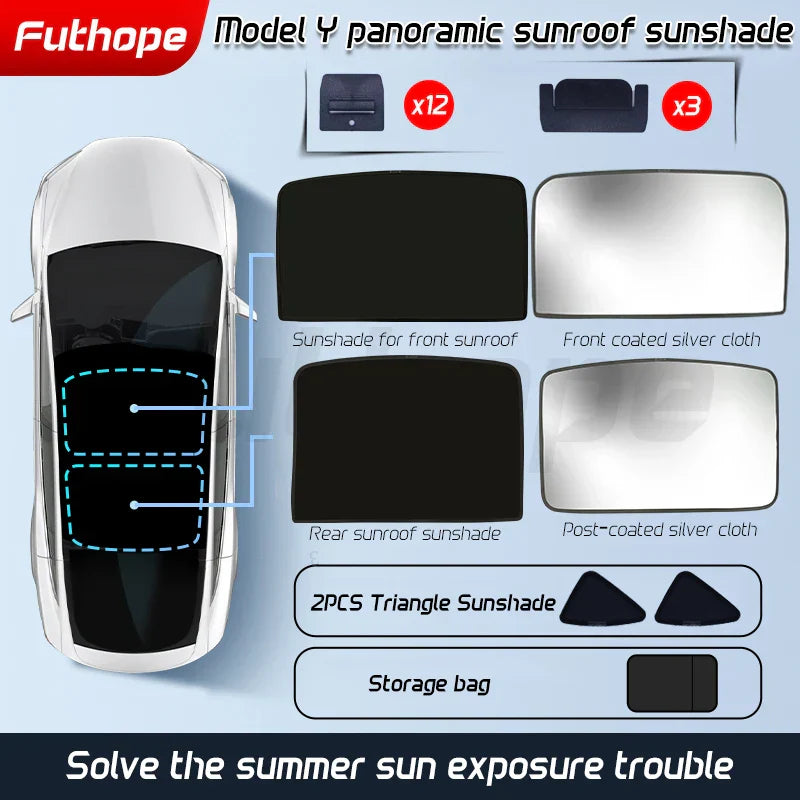 Futhope Upgrade Ice Cloth Buckle Sun Shades Glass Roof Sunshade For Tesla Model 3 Y 2021-2024 Front Rear Sunroof Skylight