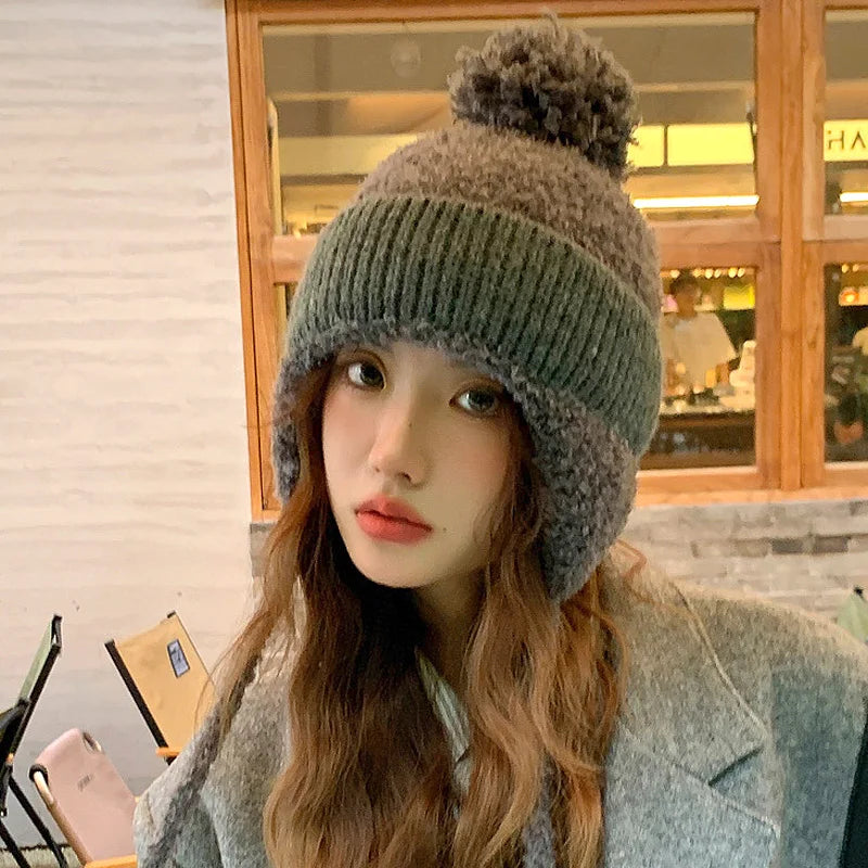 Women Pompom Ear Warmer Bonnet Fleece-lined Ear Protection