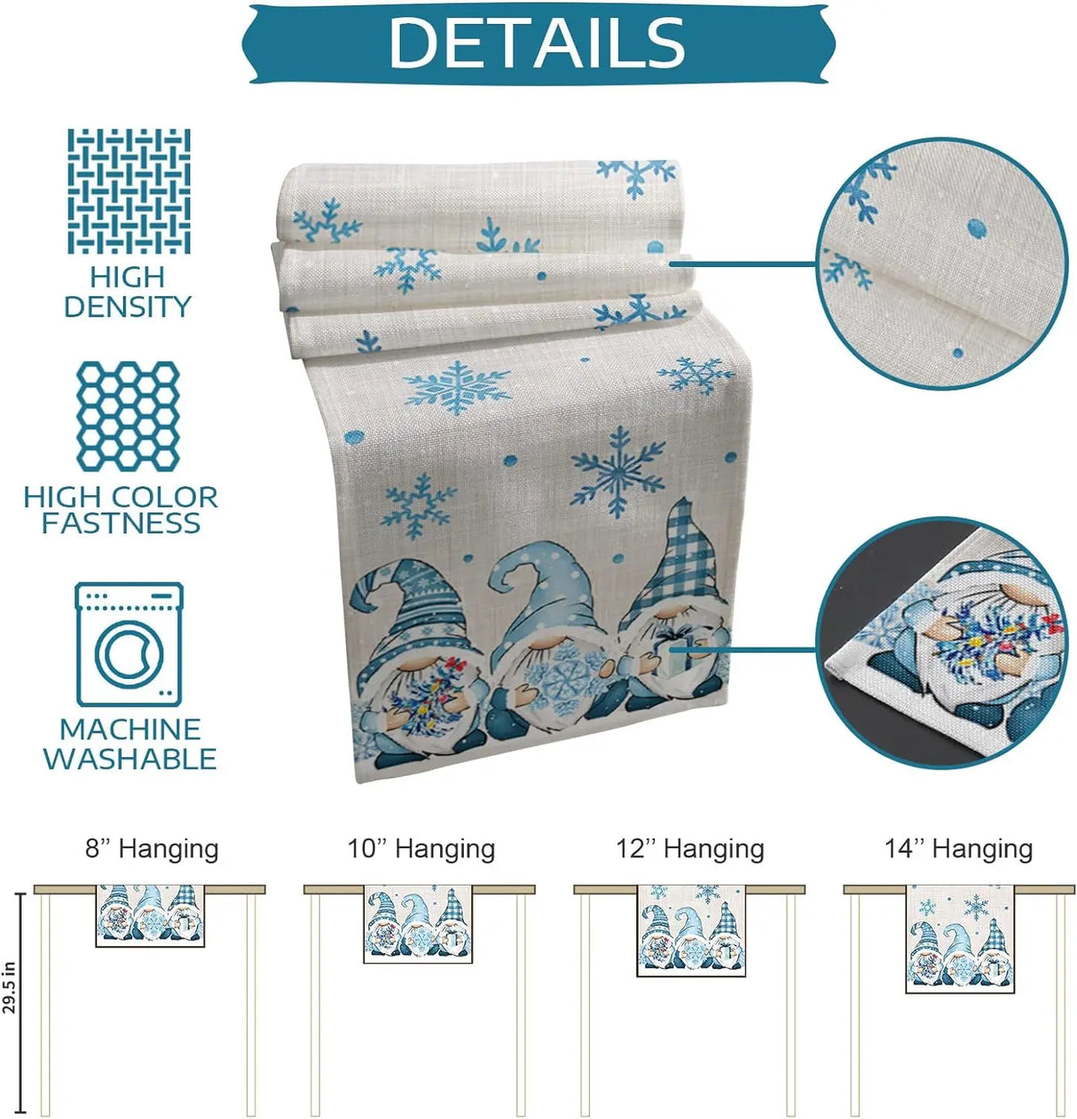 Christmas Blue Gnomes Winter Snowflake Linen Table Runners