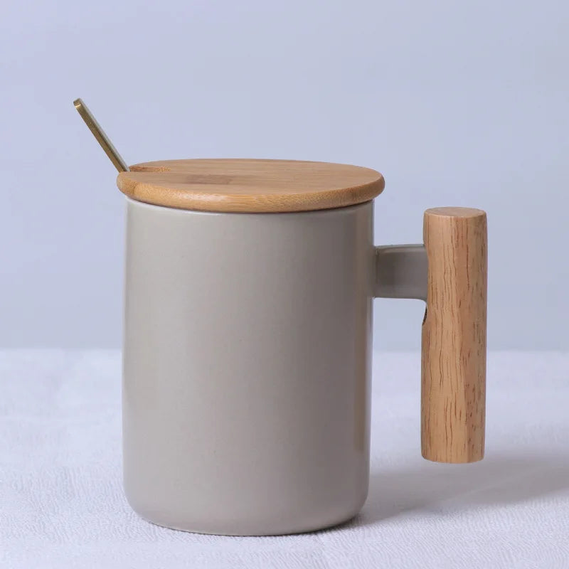 Nordic Wooden Handle Ceramic Porcelain Mug Coffee Cups