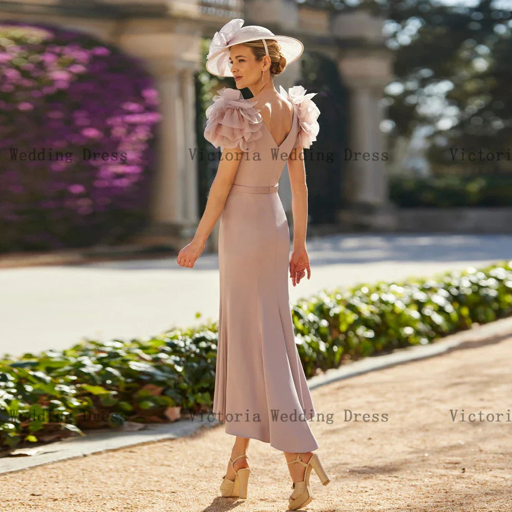 Elegant Mother of the Bride Dresses V Neck Short Sleeves Wedding Party Gowns Flowers Pleat Tea Length A-Line فساتين السهرة