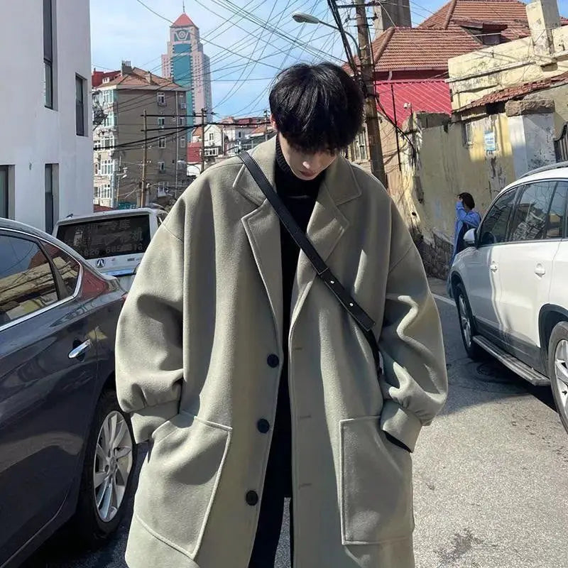 Winter trendy brand single-breasted mid-length woolen coat for
