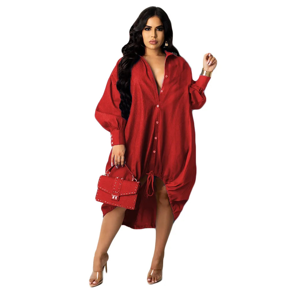 Plus Size dresses Drawstring Patchwork Shirt Dress Fashion