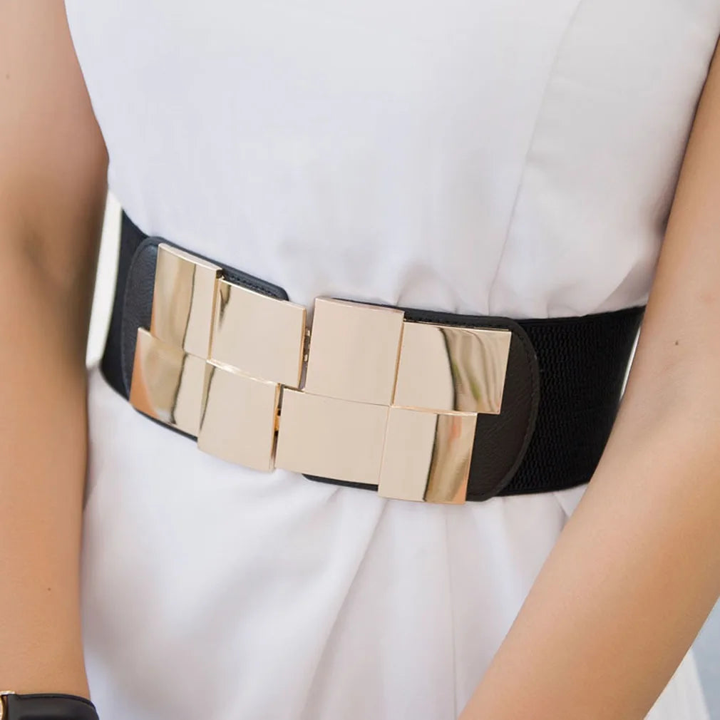 New Women Elastic Waist Closure Wide Belt Gold