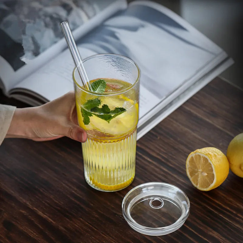600ml Ins Stripe Glass Cup With Lid and