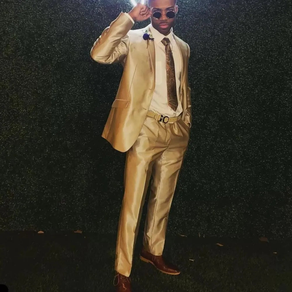 New Style Men Suits Gold Satin Groom Tuxedos Notch Lapel Groomsmen 2 Pieces Set Wedding (Jacket+Pants)2023