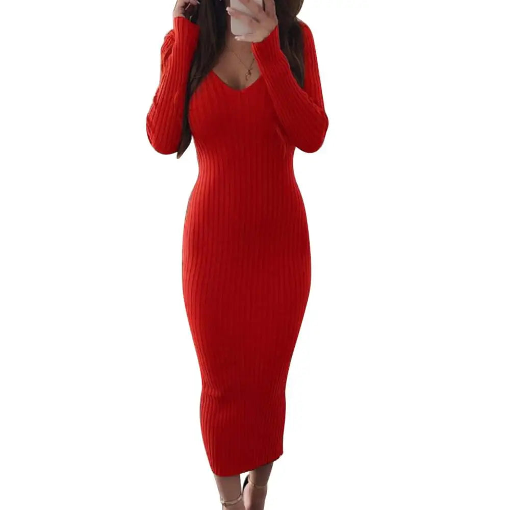 Sexy Backless Bodycon Long Sleeve Dress Slim Midi