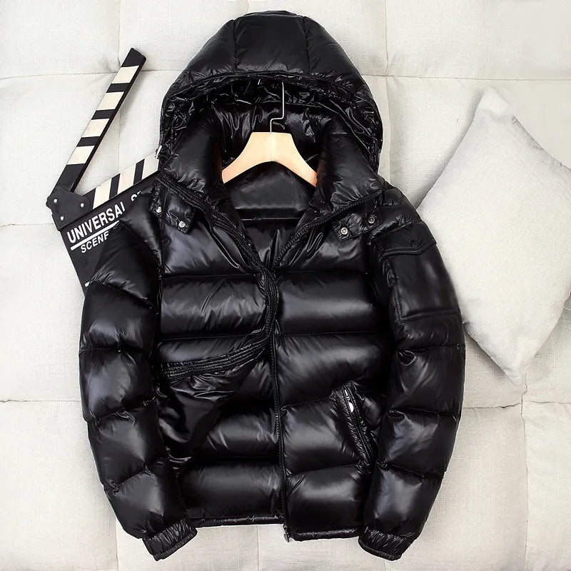 Men Shiny Duck Down Coats Winter Hooded Casual