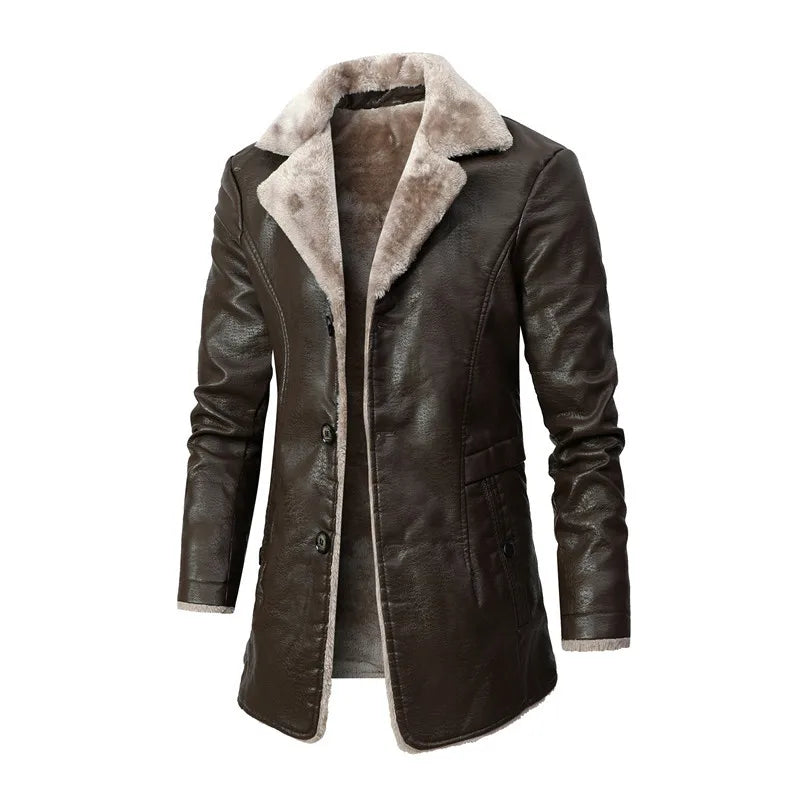 Men Winter Long Thick Fleece PU Leather Jacket