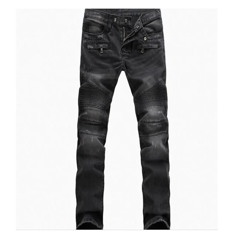 European And American Fold Zipper Motorcycle Snowflake Jeans
