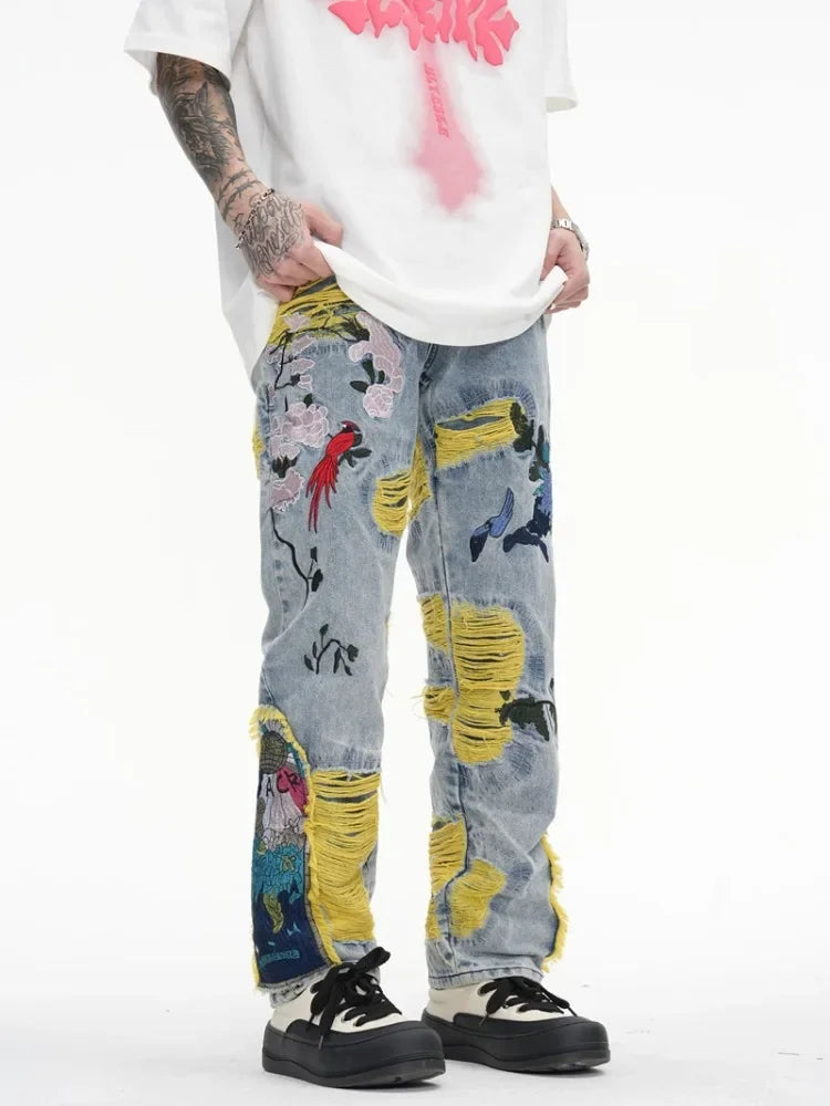 Chinese Painting Embroidered Patch Denim Ripped Jeans