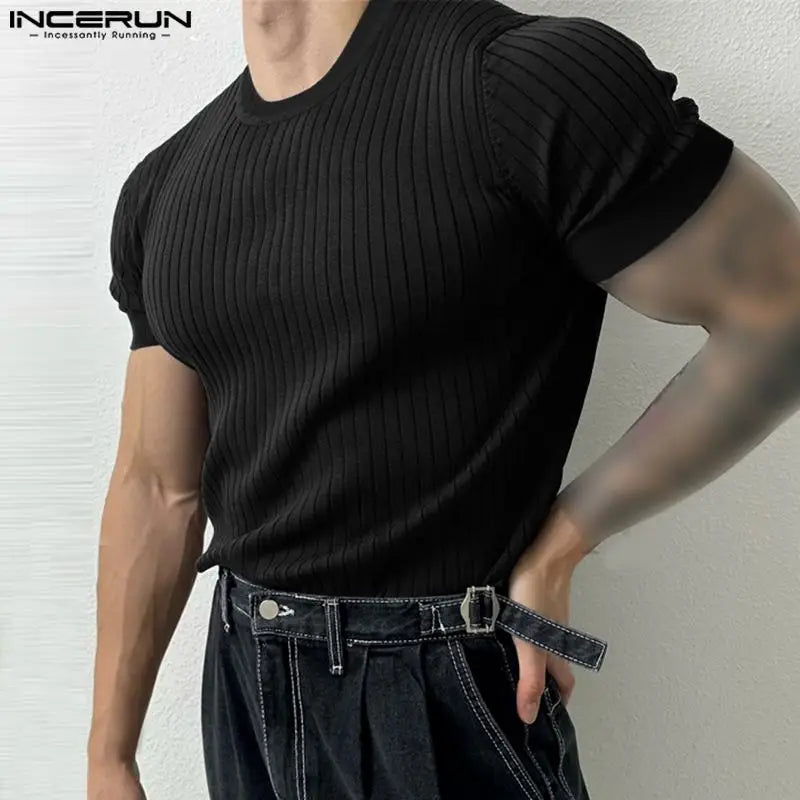 INCERUN Men T Shirt Solid Color Striped O-neck
