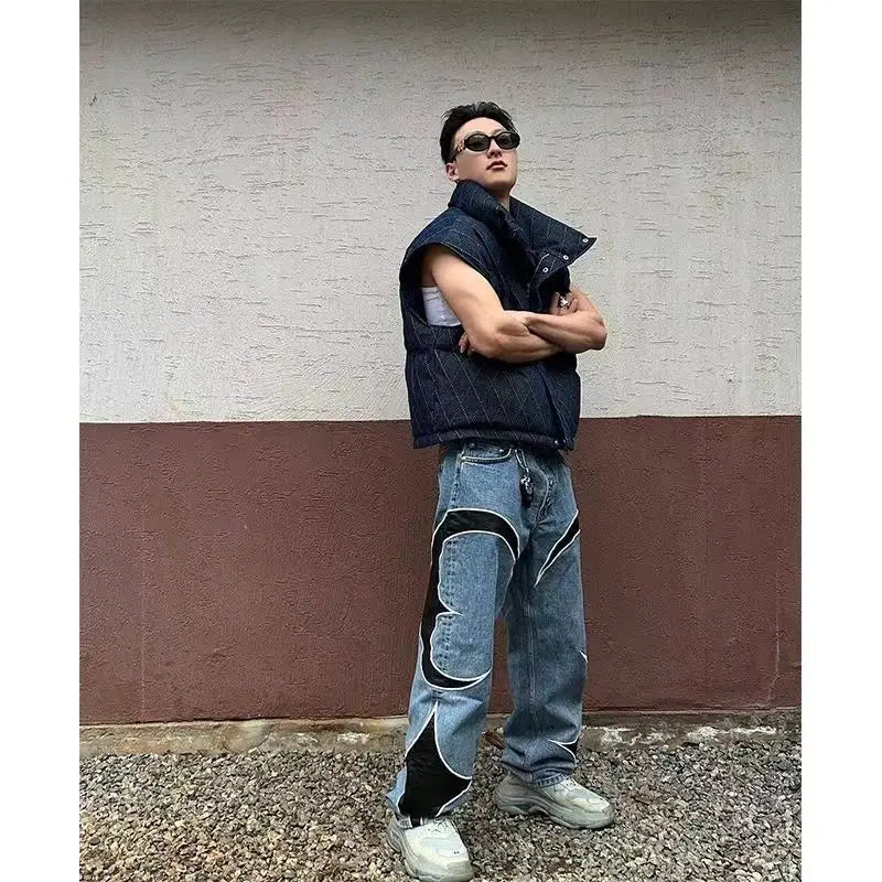New Y2k Men Black Baggy Jeans Spliced Leather
