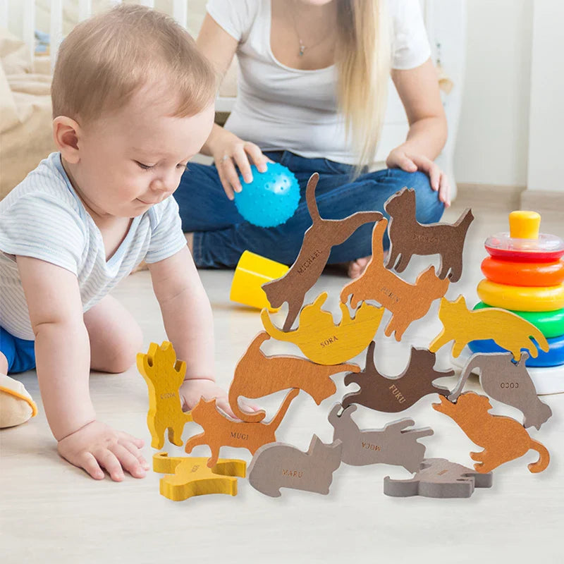 Montessori Stacking Blocks Wooden Toys Cat Balancing Games