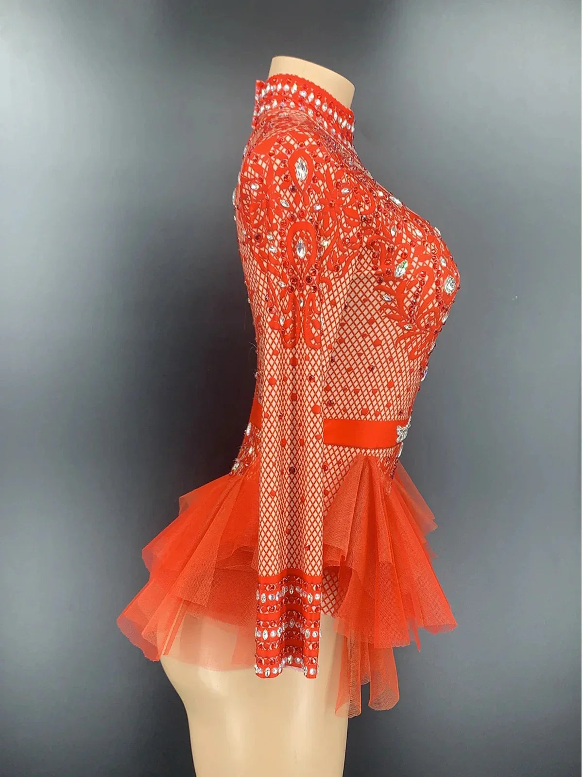 Sparkly Rhinestones Bodysuit Women Elastic Purple Mesh Ruffles