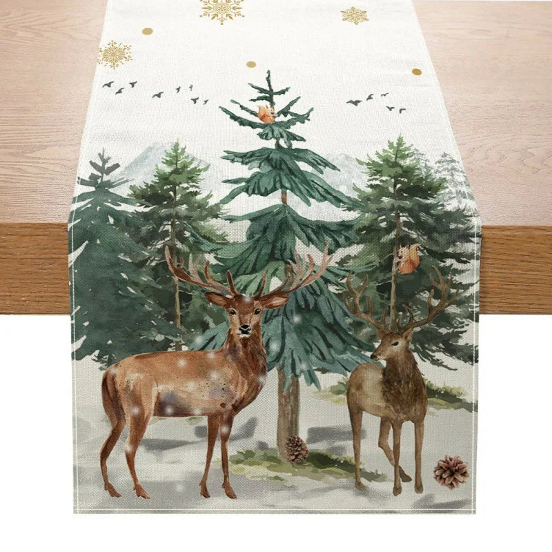 Linen Christmas Table Runner Snowman Xmas Tree Home