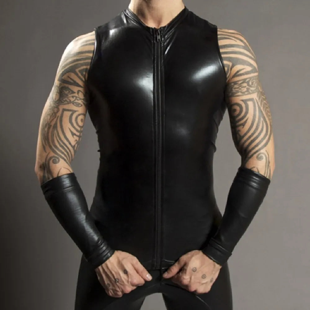 Mens PU Leather Tank Tops Sleeveless Zip TShirt