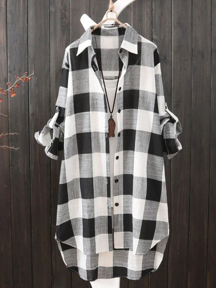 Plus Size Loose Plaid Blouse Women Cotton Shirt