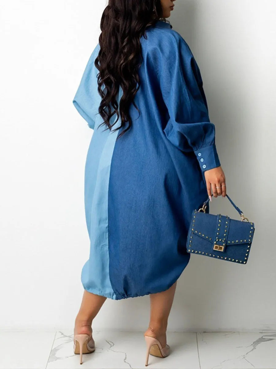 Plus Size dresses Drawstring Patchwork Shirt Dress Fashion