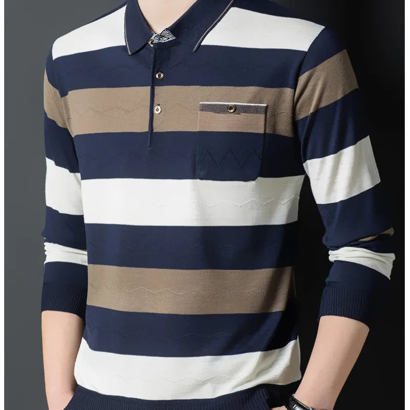 Autumn Winter Polo New Men's Clothing Loose Striped