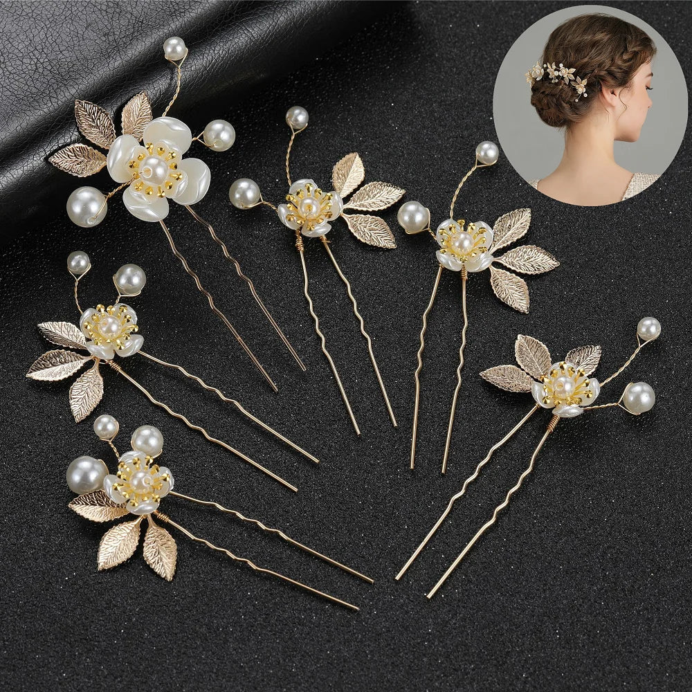 Pearl Flower Hairpin Side Comb Golden Leaf Shaped