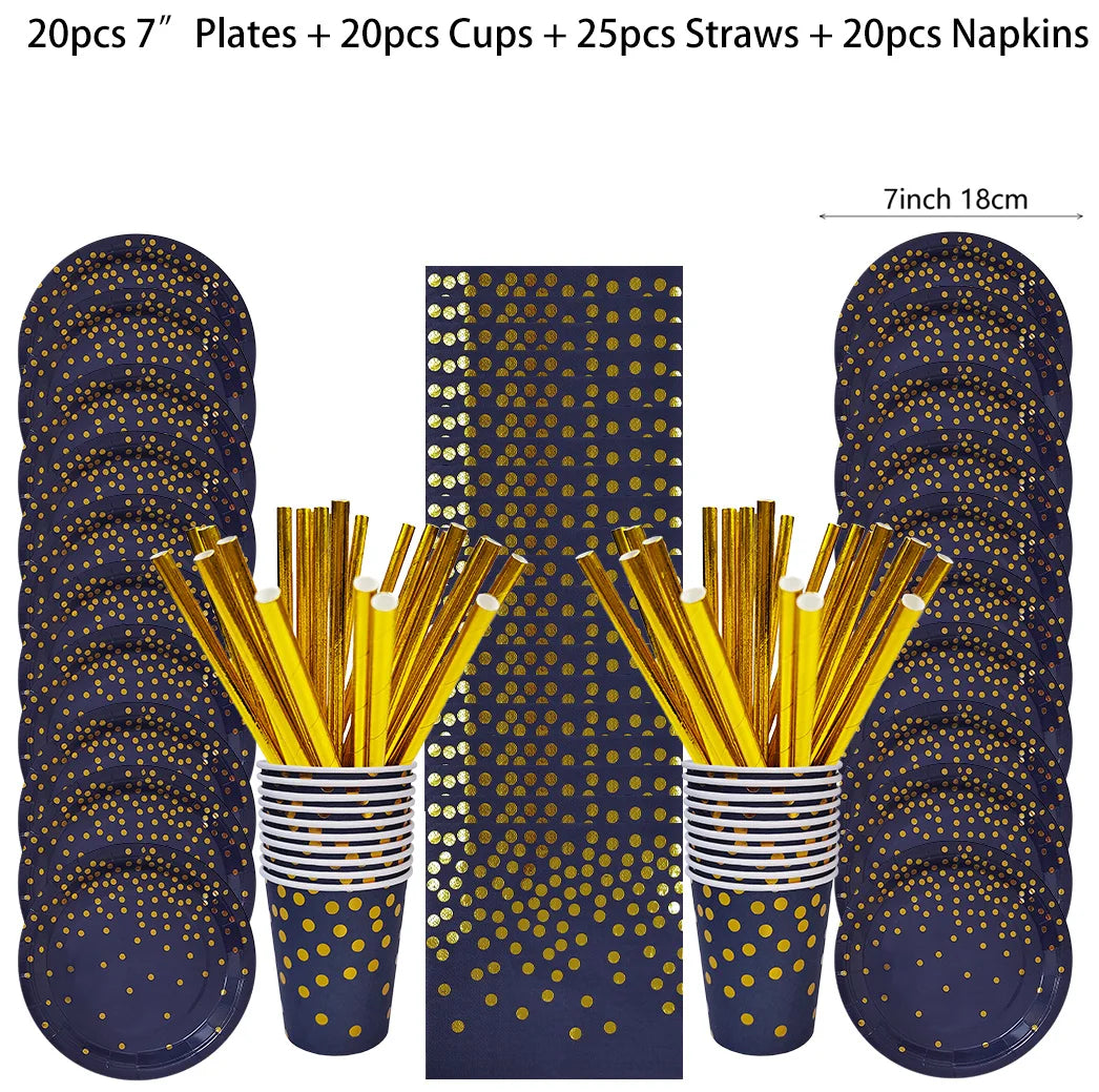 Dark Blue Gold Dot Disposable Tableware Set Paper