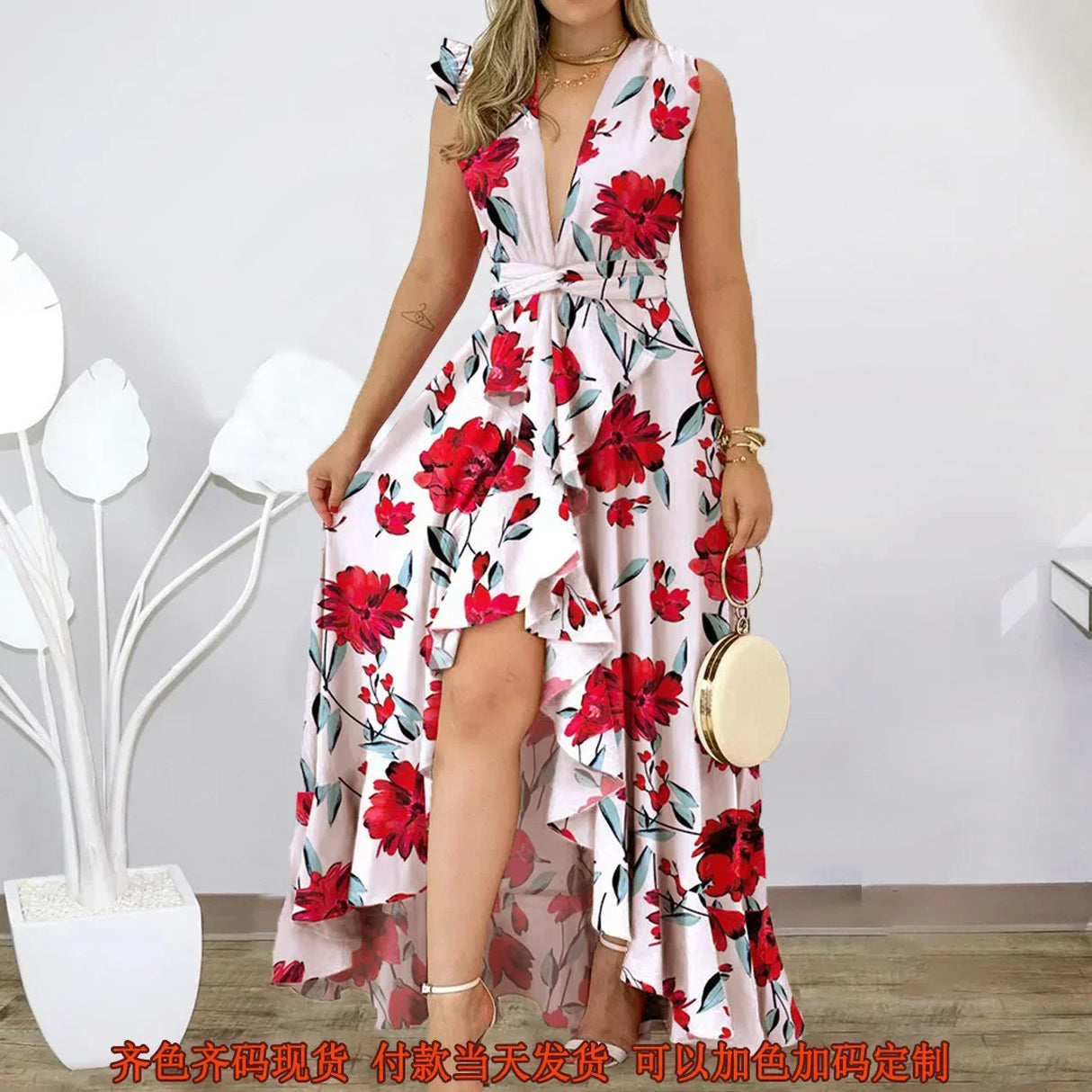 European American women dress 2023 high waist stand