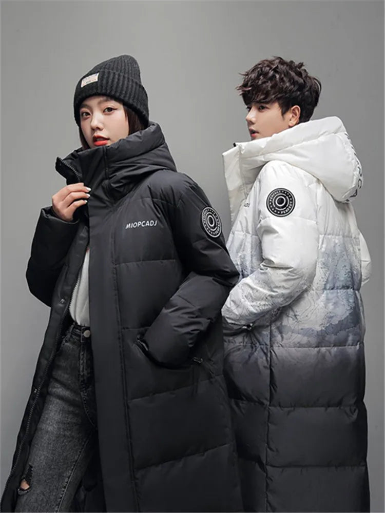 Winter X-long Cotton-padded Jacket Couple Gradient Hooded Puffer